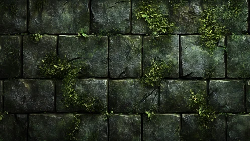 Weathered mossy stone wall with lush creeping foliage.