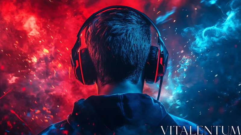 Back view gamer wearing headphones amid red and blue smoke.