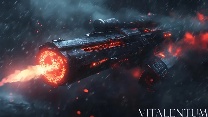 Heavy sci fi cannon discharges molten energy in storm