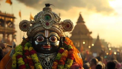 Photorealistic temple procession with ornate deity effigy focus.