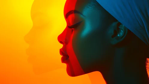 Profile portrait in warm orange and red gradient light.