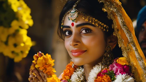 Close portrait of Indian bride with ornate garlands and jewelry