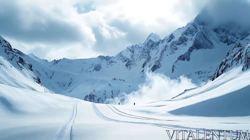 Backcountry skiers cross pristine alpine powder valley.