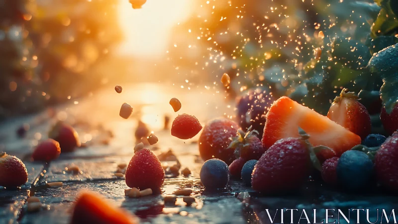 Sunlit berries in dynamic splash with warm bokeh glow.