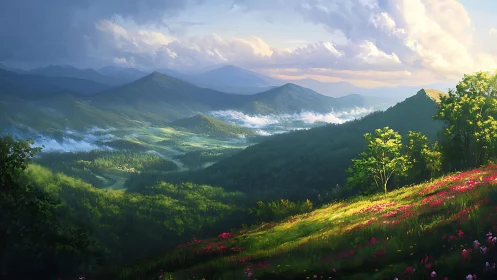 Sunlit hillside meadow overlooks layered misty mountain valley