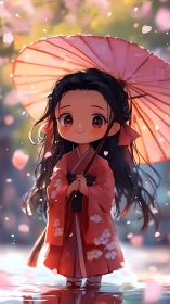 Chibi girl in red kimono holds parasol amid falling petals