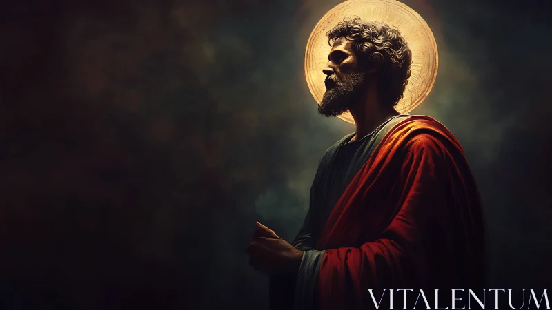 Saintly figure glows in contemplative light against darkness