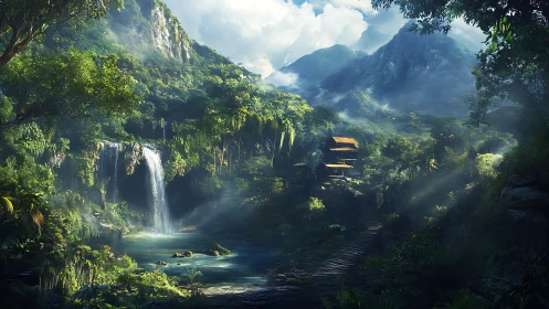 Digital painting of mist-laden jungle waterfall sanctuary.
