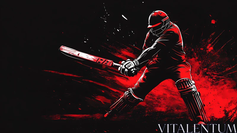 Cricket batter in mid-swing with abstract red splashes background.