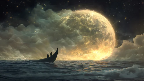 Moonlit voyage toward a luminous horizon of clouds.