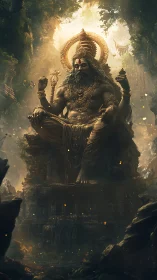 Colossal forest deity statue seated in glowing jungle temple