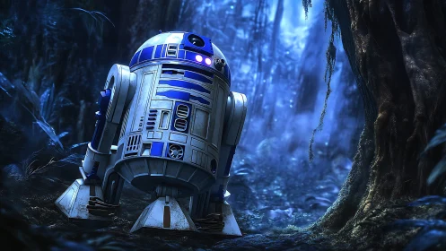 Luminous blue droid wanders through an alien jungle dreamscape