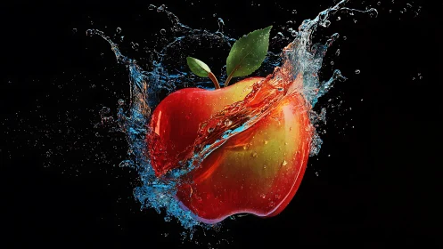 High-speed water impact encircles glossy red apple in midair