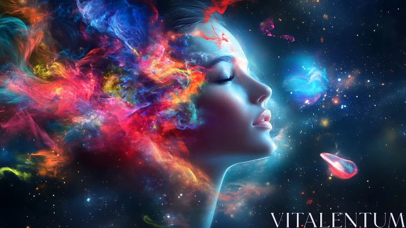 Human profile merged with multicolored cosmic nebula field.