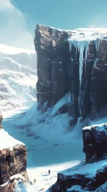 Lone figure crossing vast frozen canyon under cliffs.