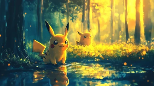 Pikachu duo explore glowing forest beside reflective stream.