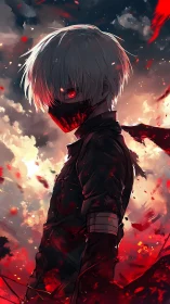 Anime antihero portrait in dynamic red atmospheric backlight.