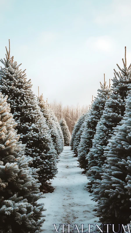 Frost tipped fir avenue under a pale winter morning sky.