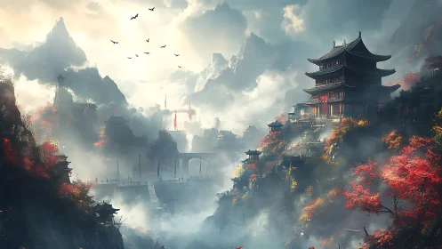 Misty mountain valley with terraced pagoda complex at sunrise