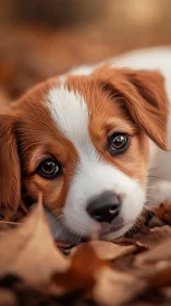 Photorealistic autumn puppy portrait in shallow depth of field.