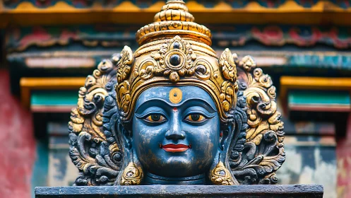Blue Hindu deity bust with ornate golden crown detail.