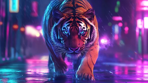Tiger moves forward on wet neon street under artificial light