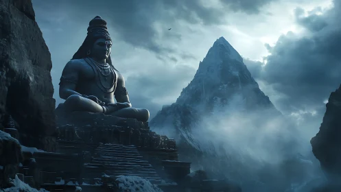 Monolithic Shiva colossus amid glaciated Himalayan massif.