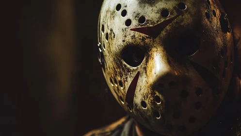 Weathered hockey mask in ominous cinematic close-up.