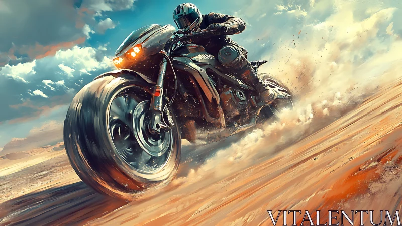 Motorcyclist powers through desert sand in dynamic motion.