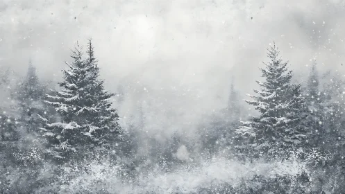Wintry fir trees shrouded in soft, drifting snowfall mist.