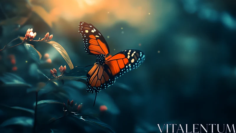 Monarch butterfly glows in dreamy teal forest light