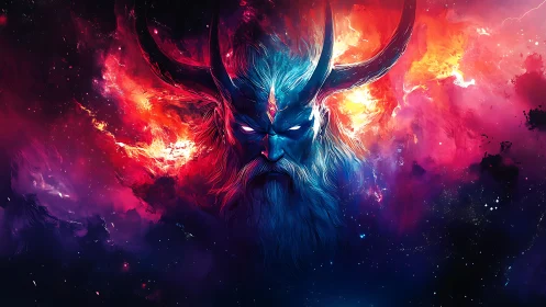Cosmic horned deity emerges from blazing nebula storm