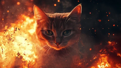 Fire Cat's Fierce Gaze Glows Amid Flames.