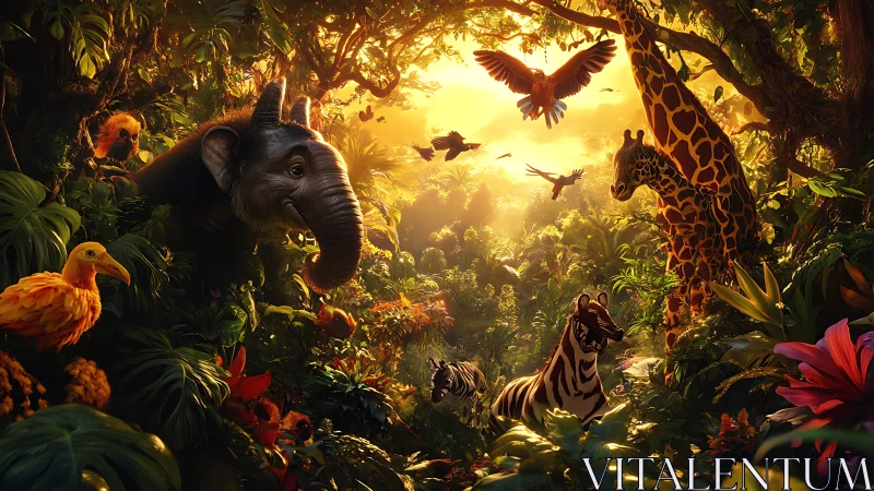 Luminous jungle gathering with stylized wildlife at sunrise.