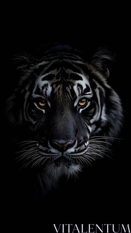 Midnight tiger gaze meeting the quiet of the dark.