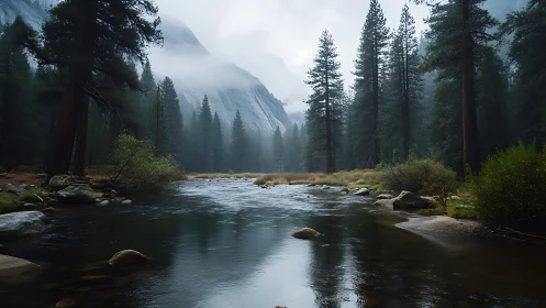 Foggy conifer river valley with distant granite cliffs.