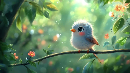Fluffy Cartoon Bird on Branch in Sunlit Forest, Whimsical Art Style.