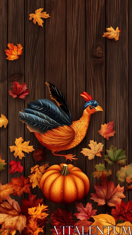 Autumn Rooster Composition with Pumpkin and Maple Leaves on Wood Surface