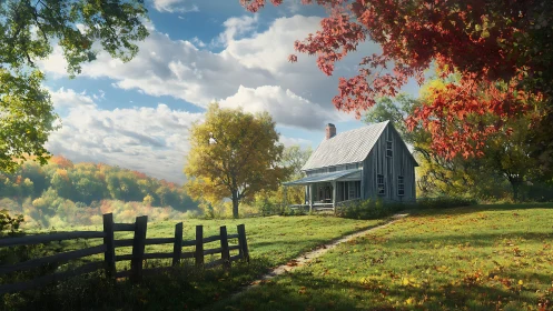 Autumn rural cottage rendered in high-detail photorealism