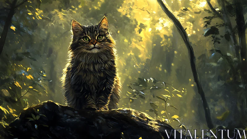 Forest sentinel cat in sunlit misty woodland glow.