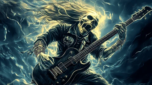 Flaming skull guitarist riding a storm of electric riffs.