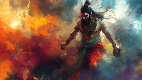 Mythic warrior figure in dynamic cloud and fire scene.