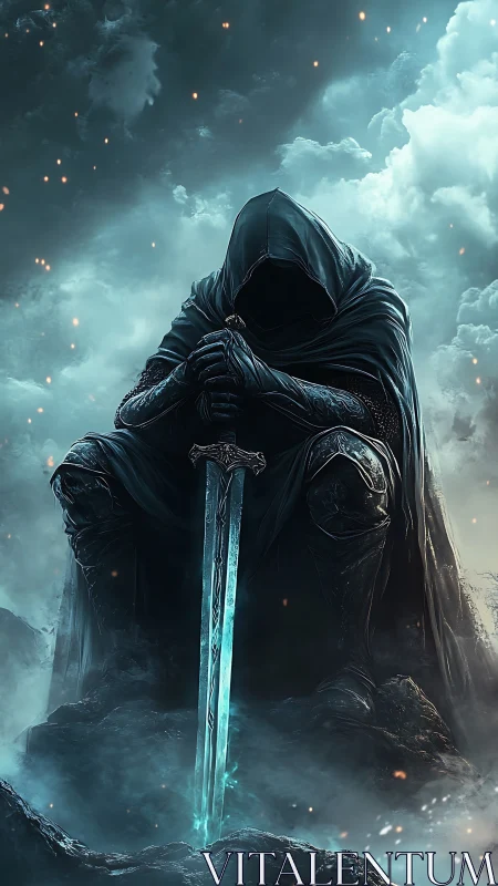Hooded knight kneels in stormlit fog, gripping glowing sword