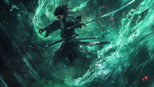 Sword-wielding warrior in teal energy vortex environment.