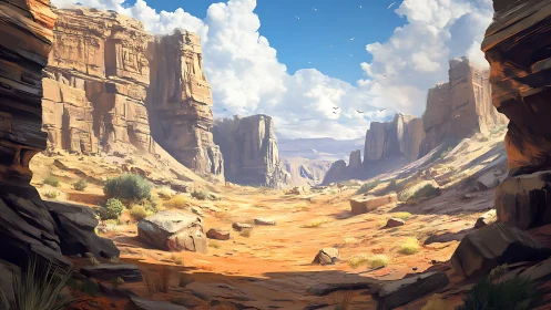 Sunlit canyon corridor stretches toward a cloud-bright horizon