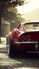 Red classic sports car rear view on sunlit street.