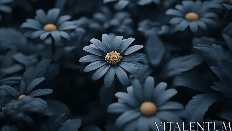 Moody Blue Daisies in Sharp Focus with Golden Centers