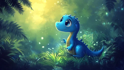 Cute blue baby dinosaur in glowing jungle clearing.