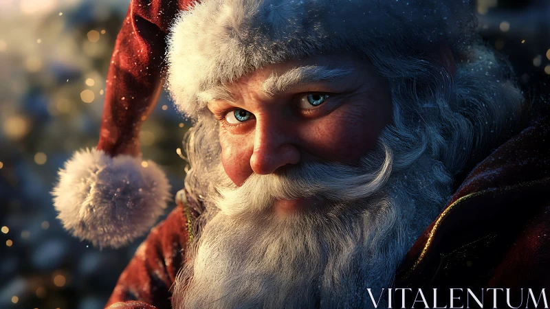 Santa’s twinkling blue eyes glow in warm festive light.