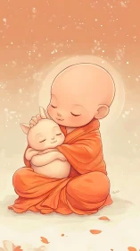 Young Monk Embracing Kitten in Warm Contemplation.
